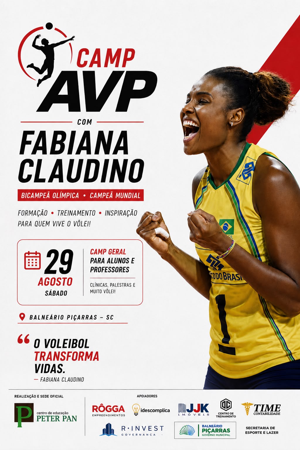 Card oficial do Camp AVP com Fabiana Claudino — 29 de agosto de 2026, Balneário Piçarras/SC