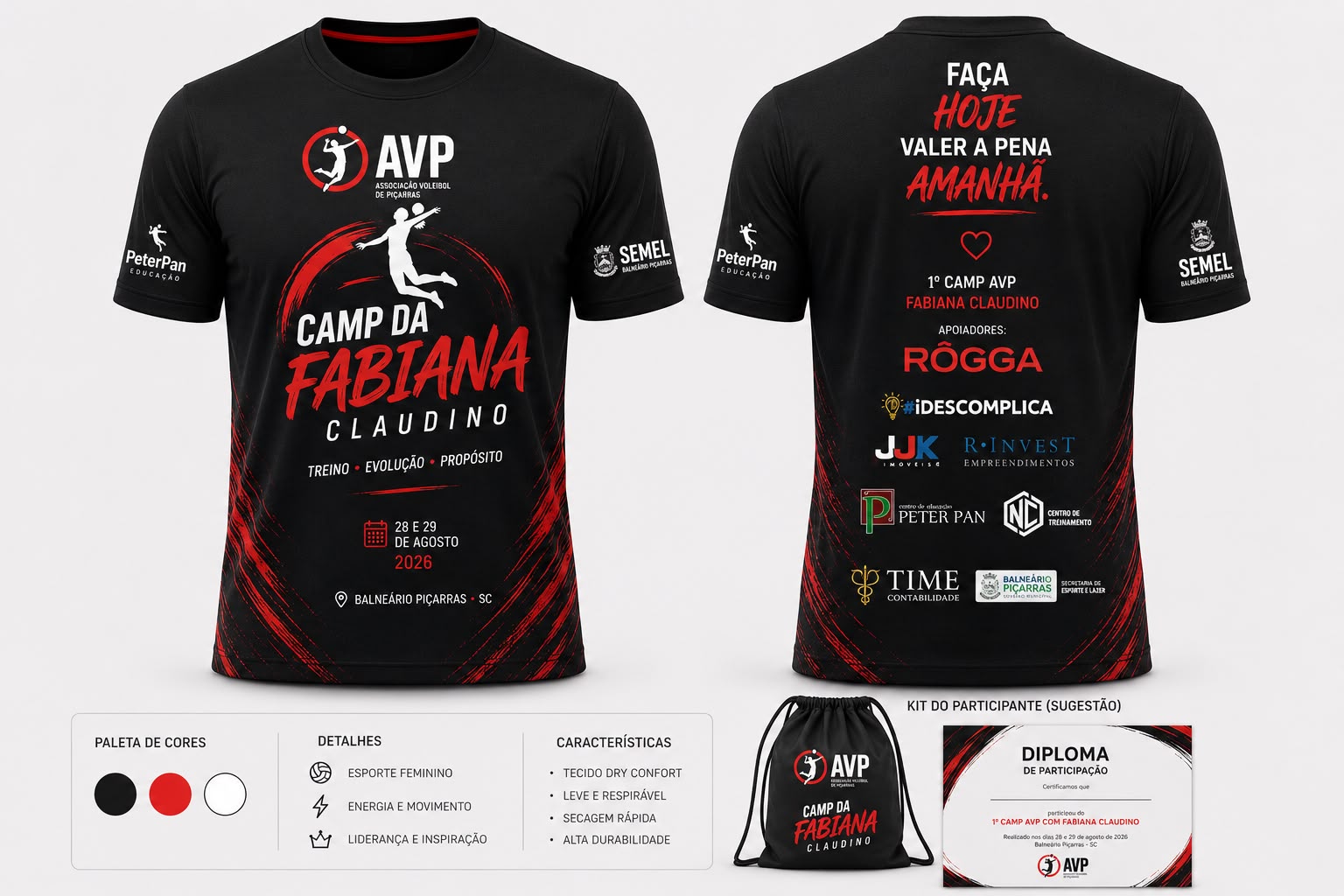 Kit do participante do Camp AVP: camiseta oficial (frente e verso), sacochila e certificado de participação